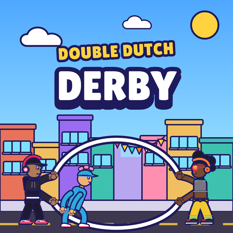 Double Dutch Derby app icon: 3 kids turning and jumping double dutch ropes on a colorful city street