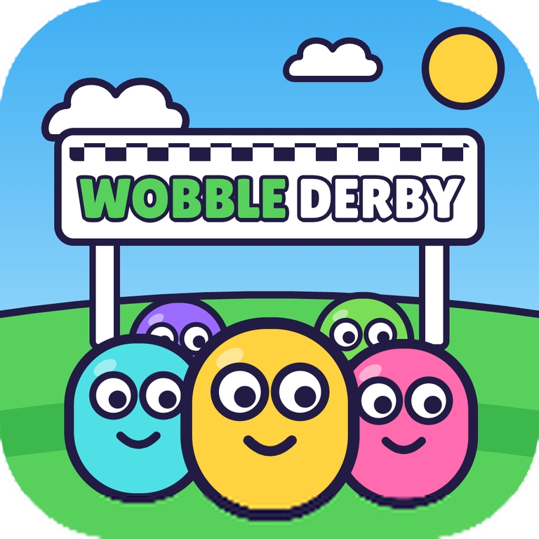 Wobble Derby app icon: five colorful wobblers crowding under a checkered finish banner